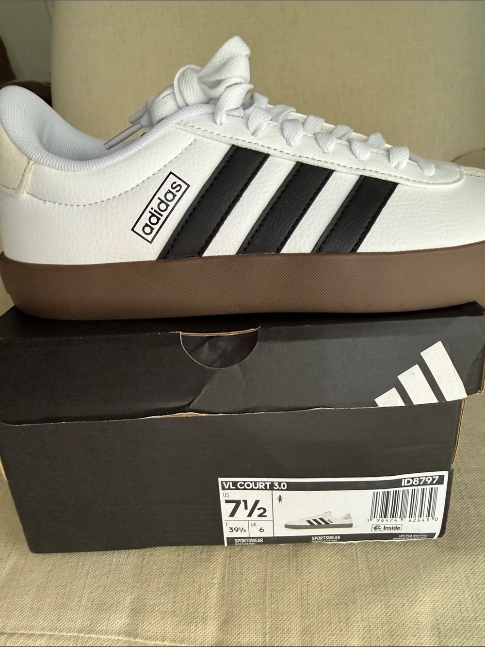 Adidas VL Court 3.0 White with Black Stripes and Brown Sole